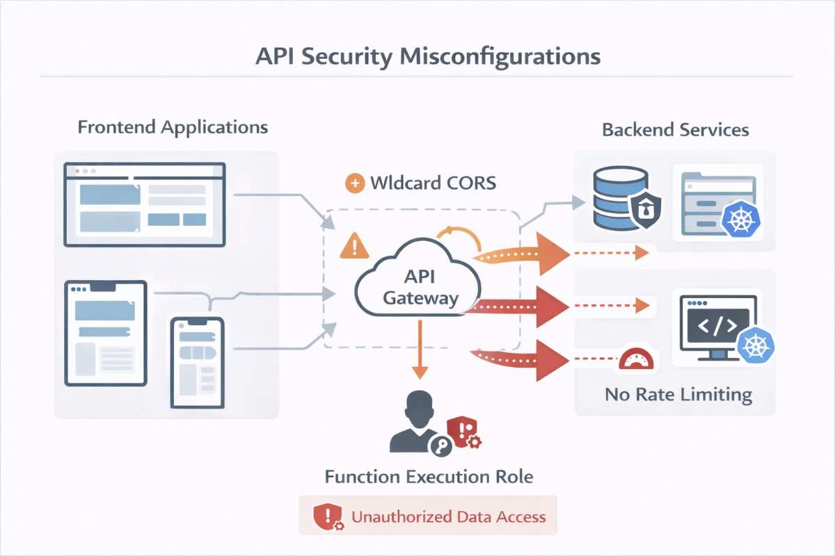 API gateway diagram highlighting misconfigurations such as open CORS policies, missing authentication, and unrestricted data access