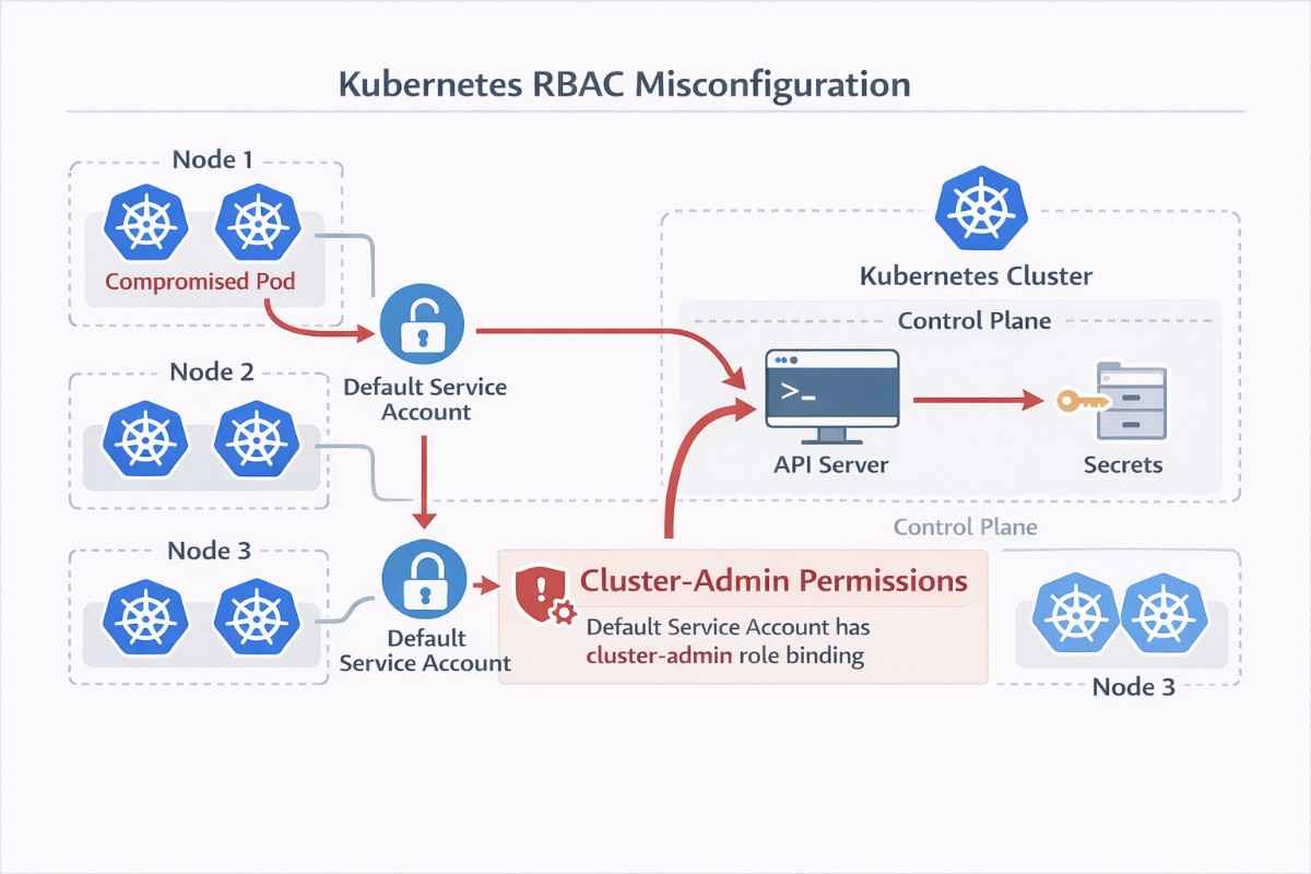 Kubernetes security diagram showing a misconfigured service account with cluster-admin access enabling full cluster takeover