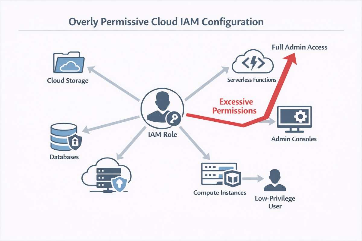 Cloud IAM diagram showing overly permissive permissions leading to privilege escalation and full cloud account compromise