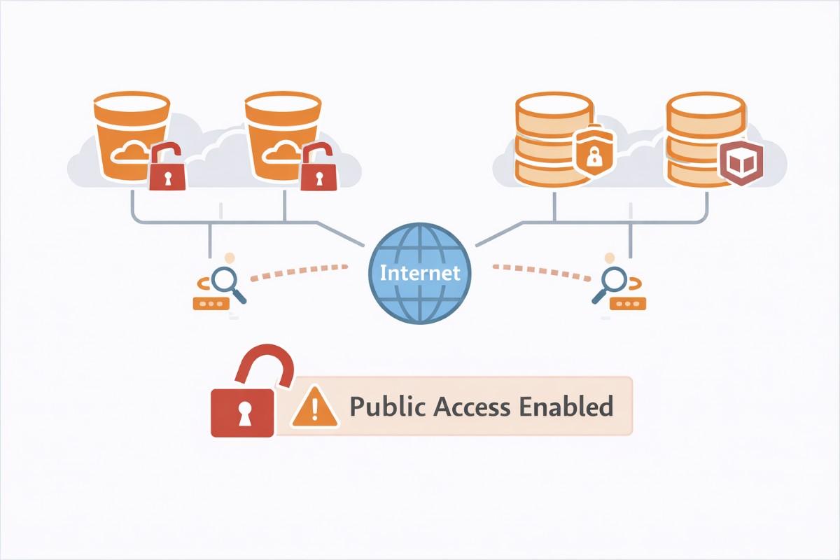 Visualization of publicly exposed cloud storage buckets and databases accessible directly from the internet due to misconfiguration