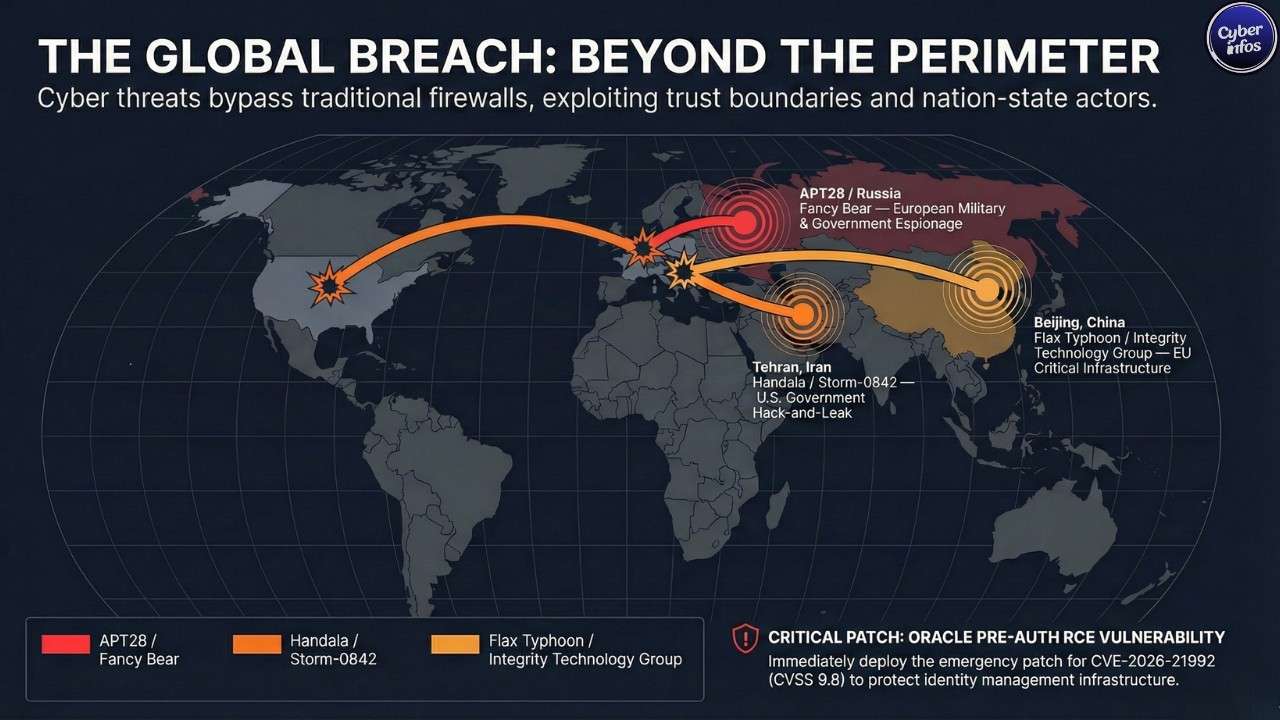 Global cyber threat actor attribution map March 2026 — APT28 targeting Europe, Handala targeting US government, Flax Typhoon targeting EU critical infrastructure