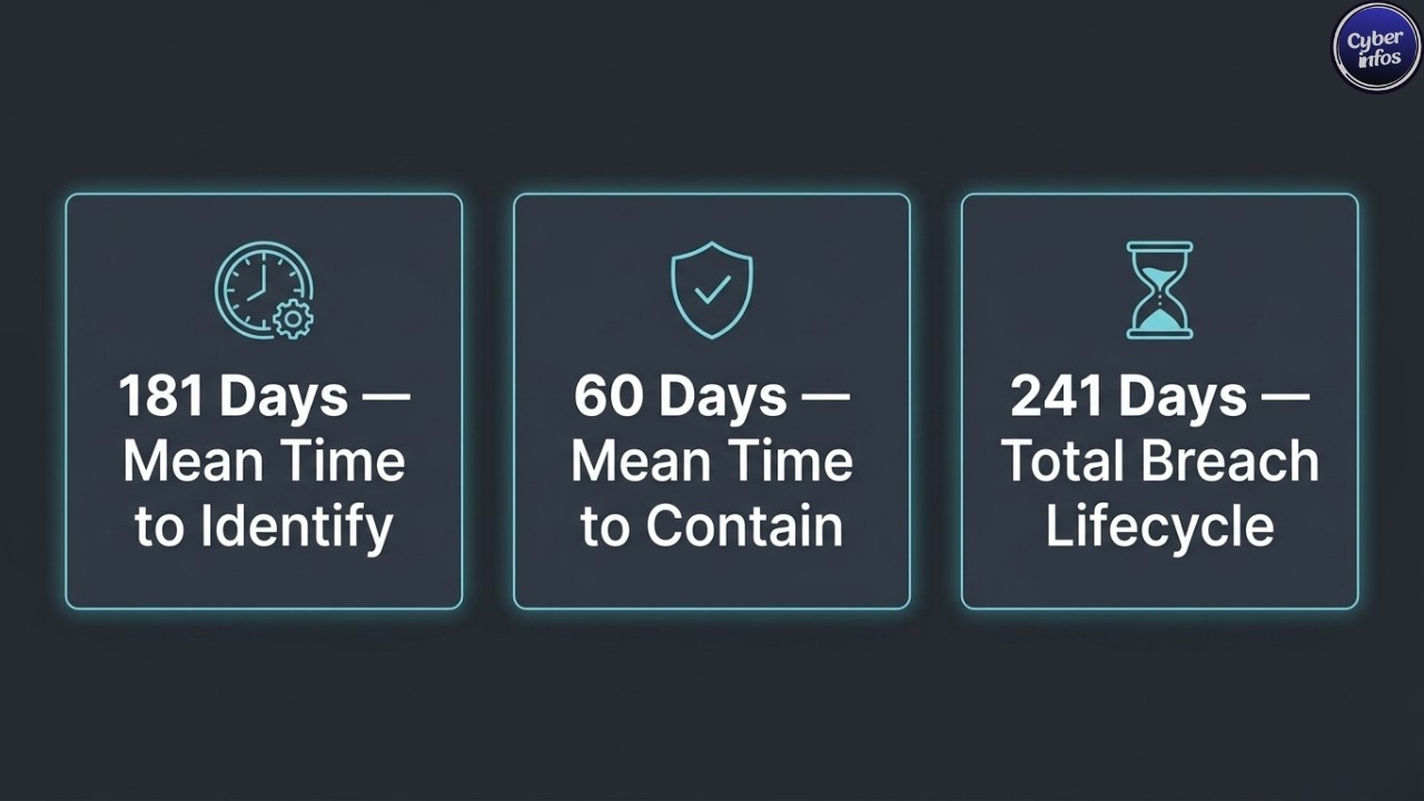 Breach detection statistics 2026 — 181 days to identify, 60 days to contain, 241 days total lifecycle
