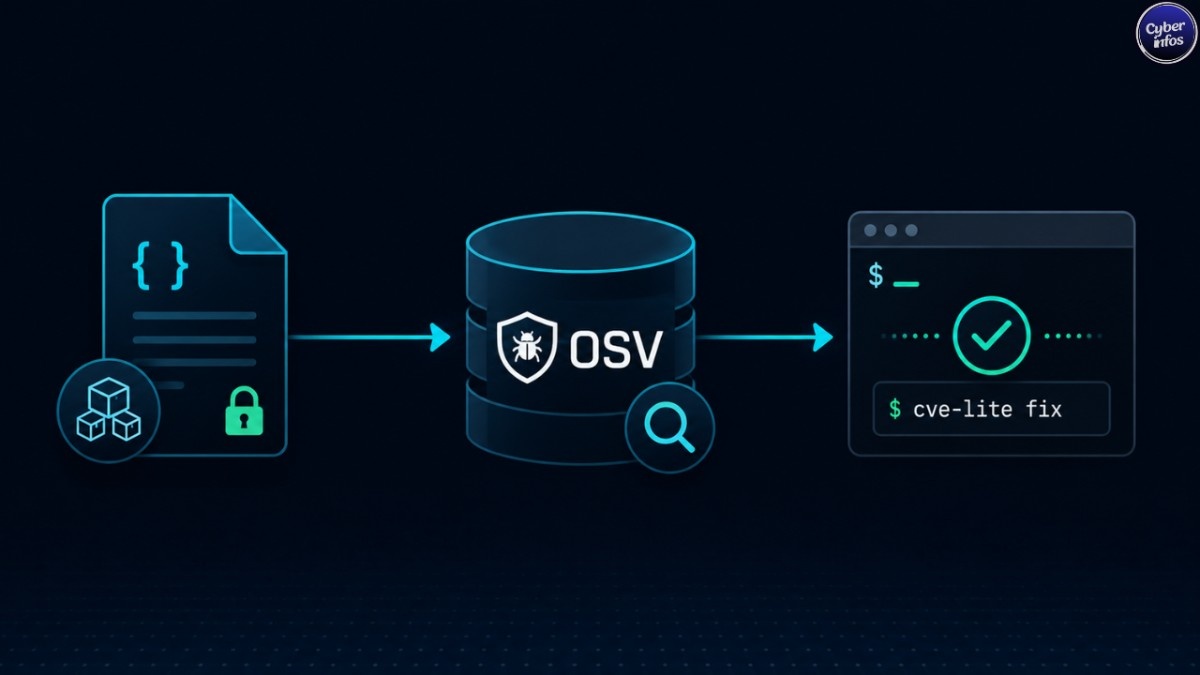 Workflow diagram showing CVE Lite CLI scanning lockfiles against the OSV database locally