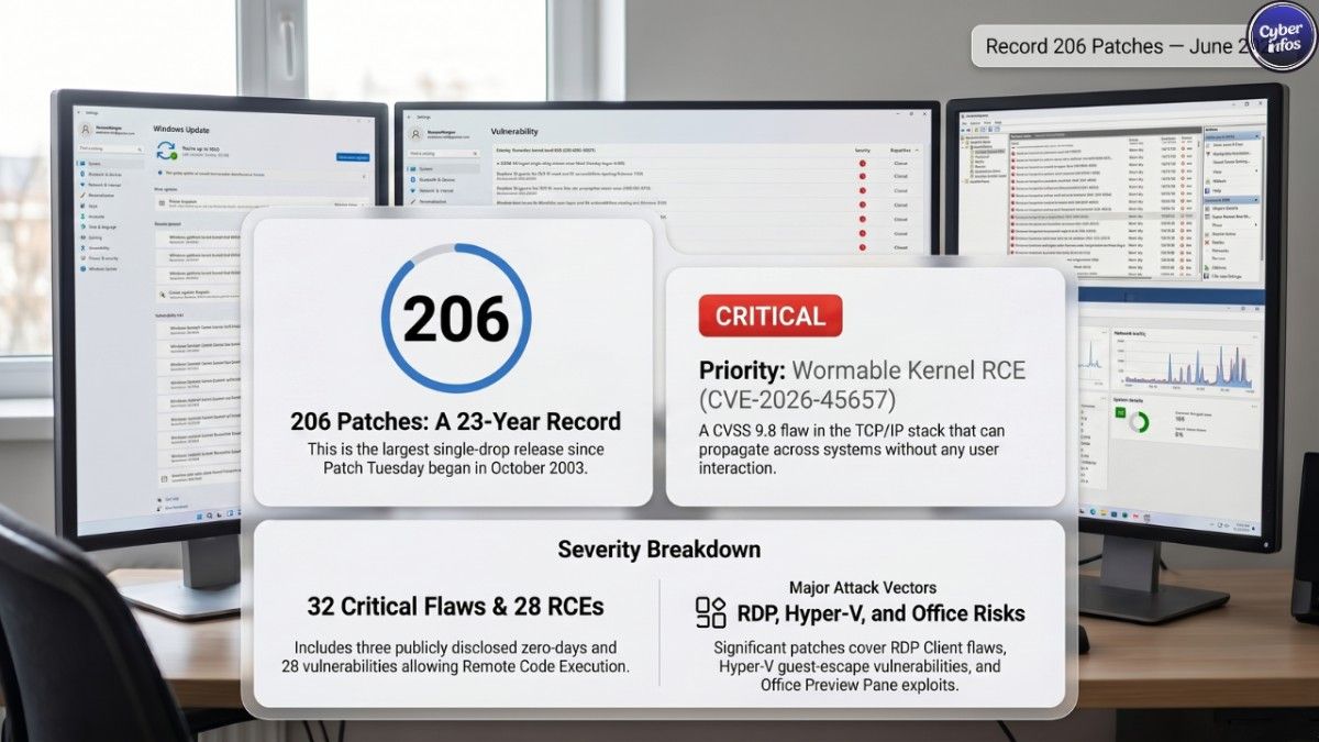 Microsoft June 2026 Patch Tuesday releases 206 vulnerability patches including wormable Windows kernel RCE CVE-2026-45657
