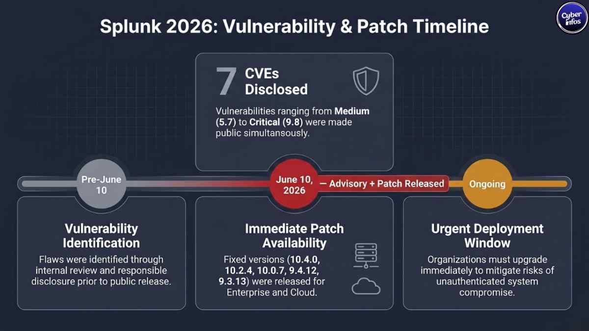 Timeline graphic showing Splunk Enterprise vulnerability discovery advisory release on June 10 2026 and patch availability across all supported versions