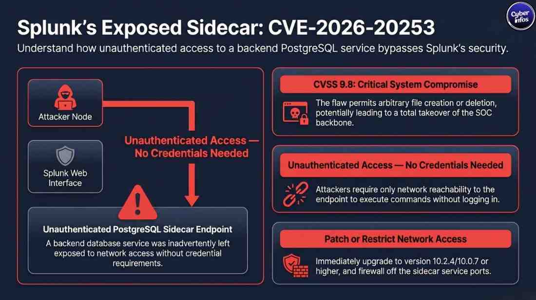 Architecture diagram showing Splunk Enterprise web interface and exposed PostgreSQL sidecar service vulnerable to unauthenticated access