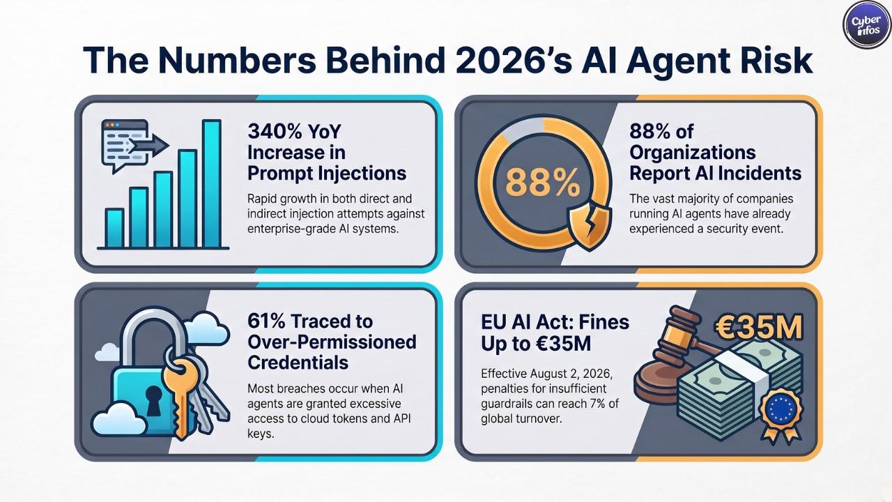 Infographic of 2026 AI agent security statistics including prompt injection rise and EU AI Act fines
