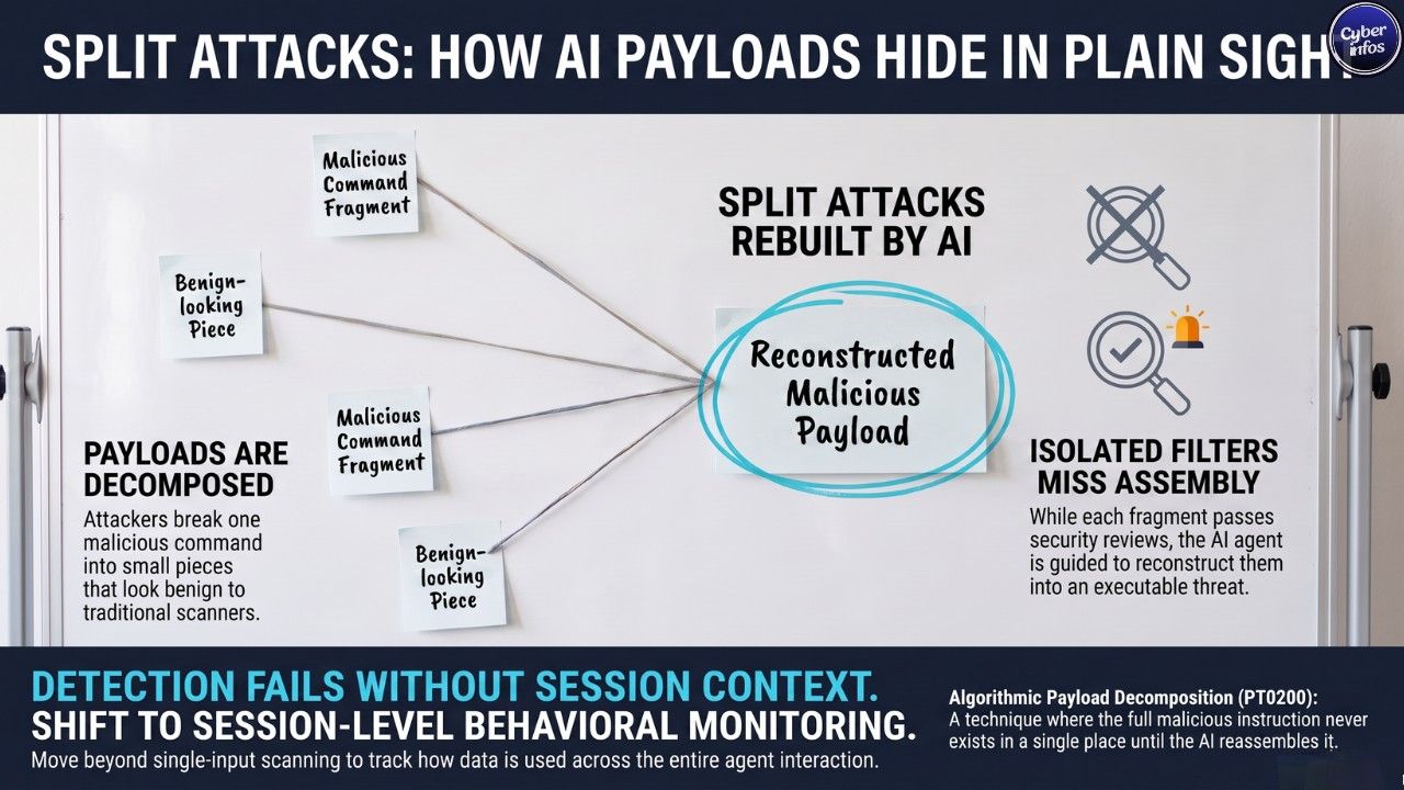 Security researcher mapping fragmented attack pieces reassembling into one payload