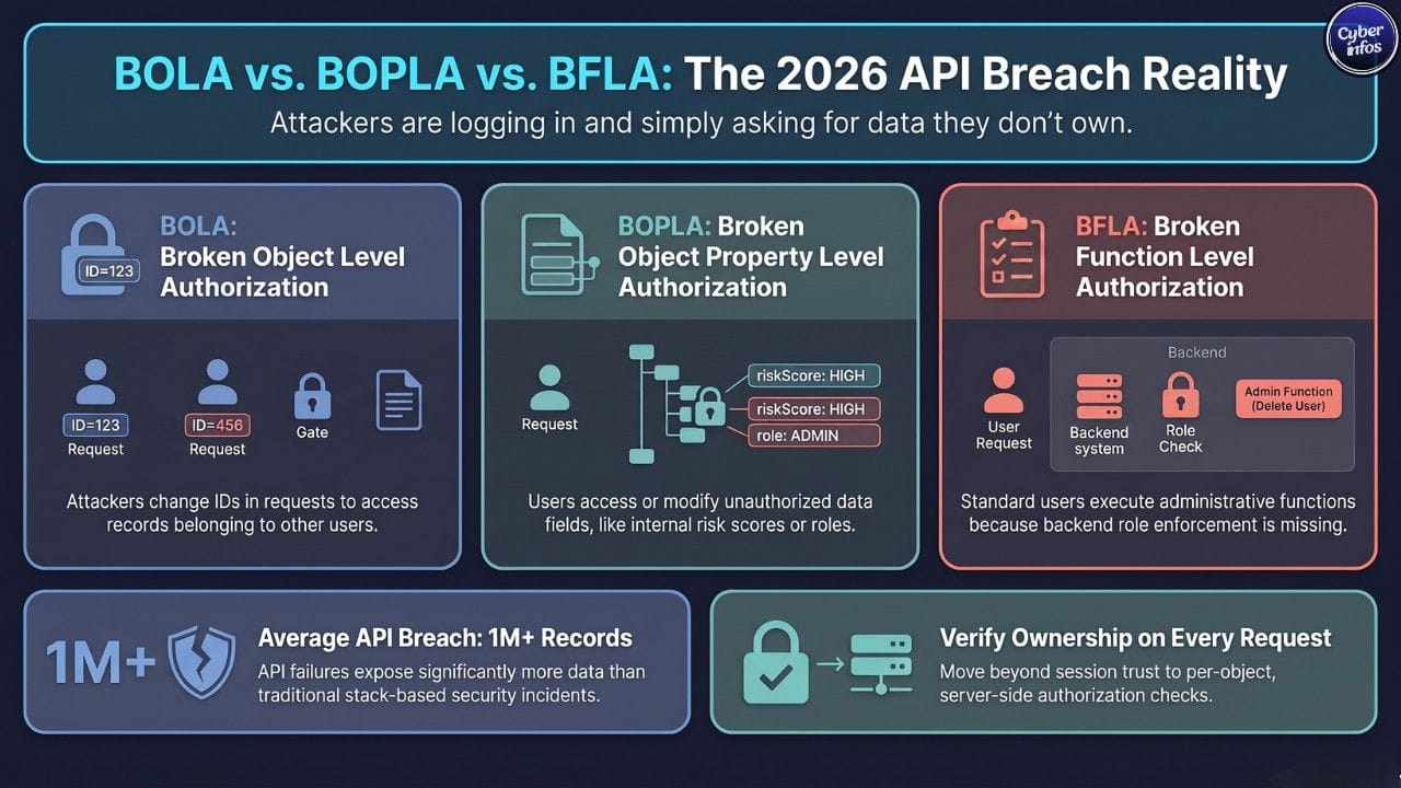 Infographic comparing BOLA, BOPLA, and BFLA authorization failures in API security - API Data Breaches 2026