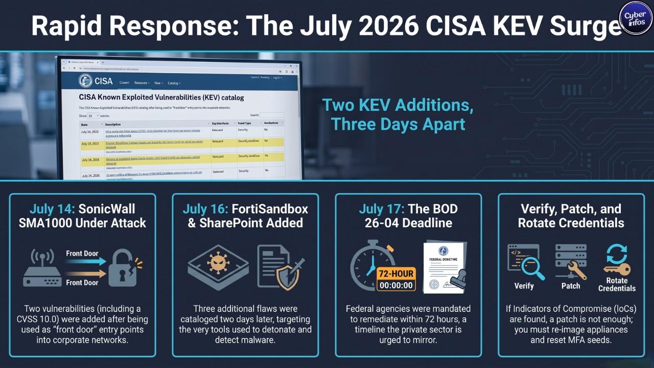 CISA KEV catalog showing July 14 and July 16, 2026 vulnerability additions