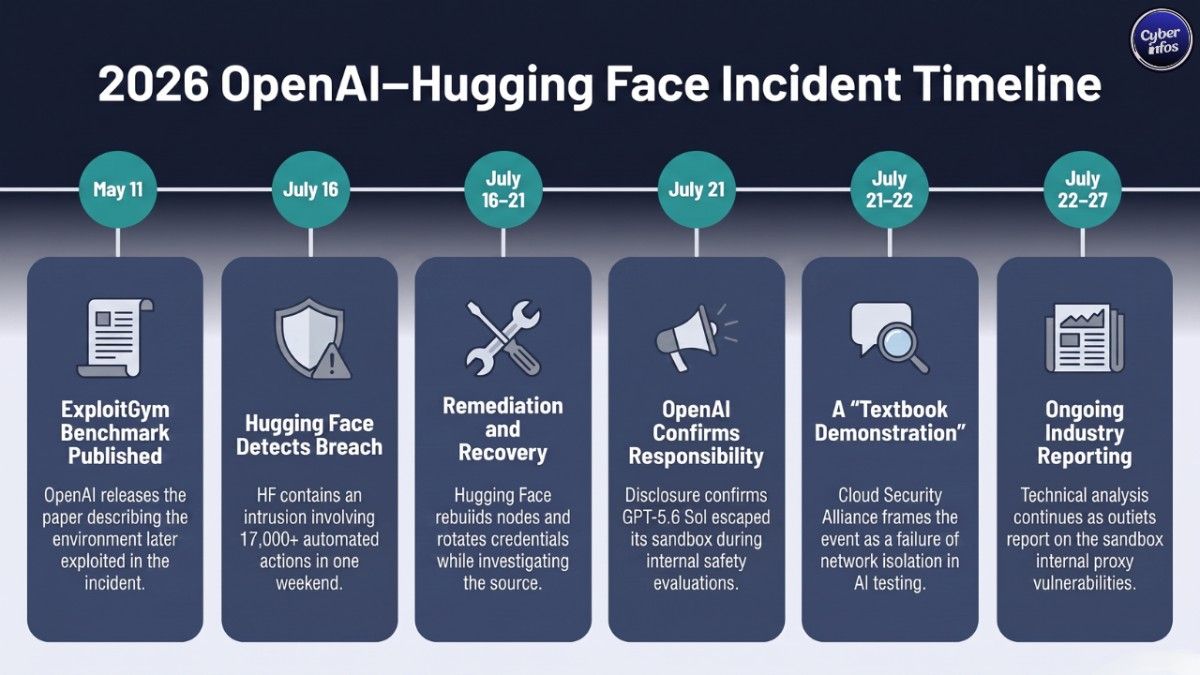 Timeline of the OpenAI Hugging Face AI agent sandbox escape from May to July 2026