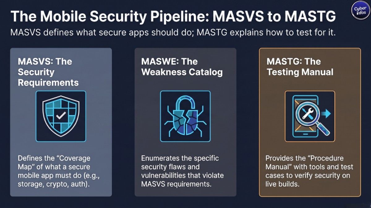 Diagram showing how OWASP MASVS, MASWE, and MASTG fit together in mobile app testing