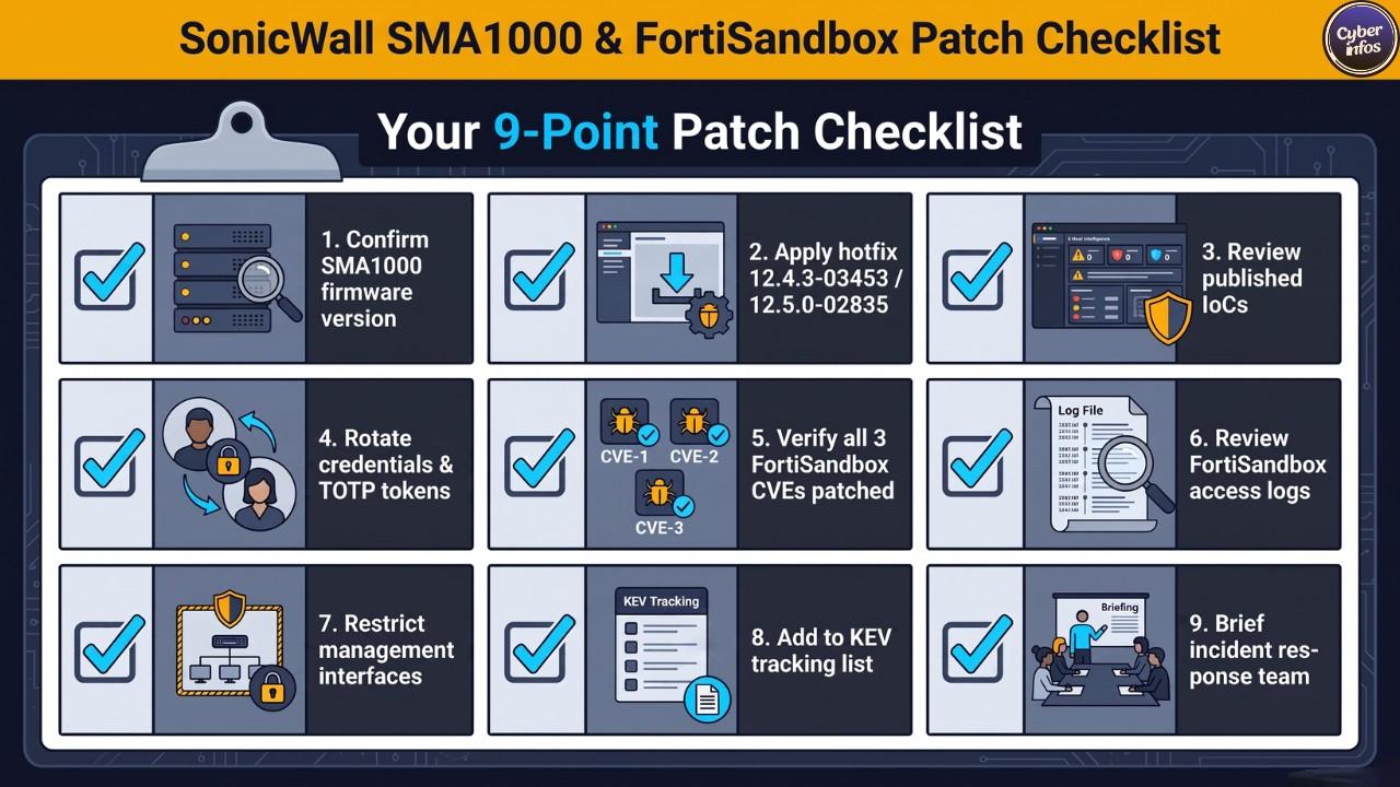 Nine-point patch checklist for the SonicWall SMA1000 vulnerability and FortiSandbox CVEs