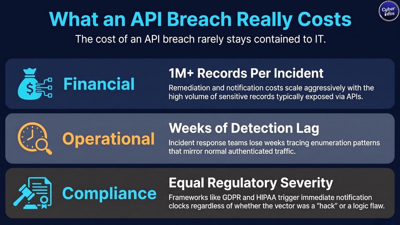 Infographic showing the financial, operational, and compliance costs of an API data breach