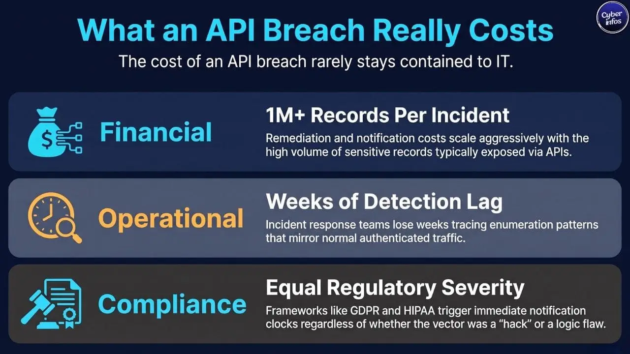 Infographic showing the financial, operational, and compliance costs of an API data breach