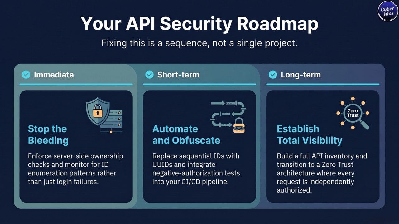 API security roadmap showing immediate, short-term, and long-term steps to strengthen authorization