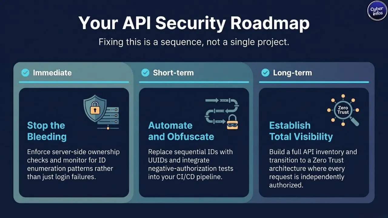 API security roadmap showing immediate, short-term, and long-term steps to strengthen authorization