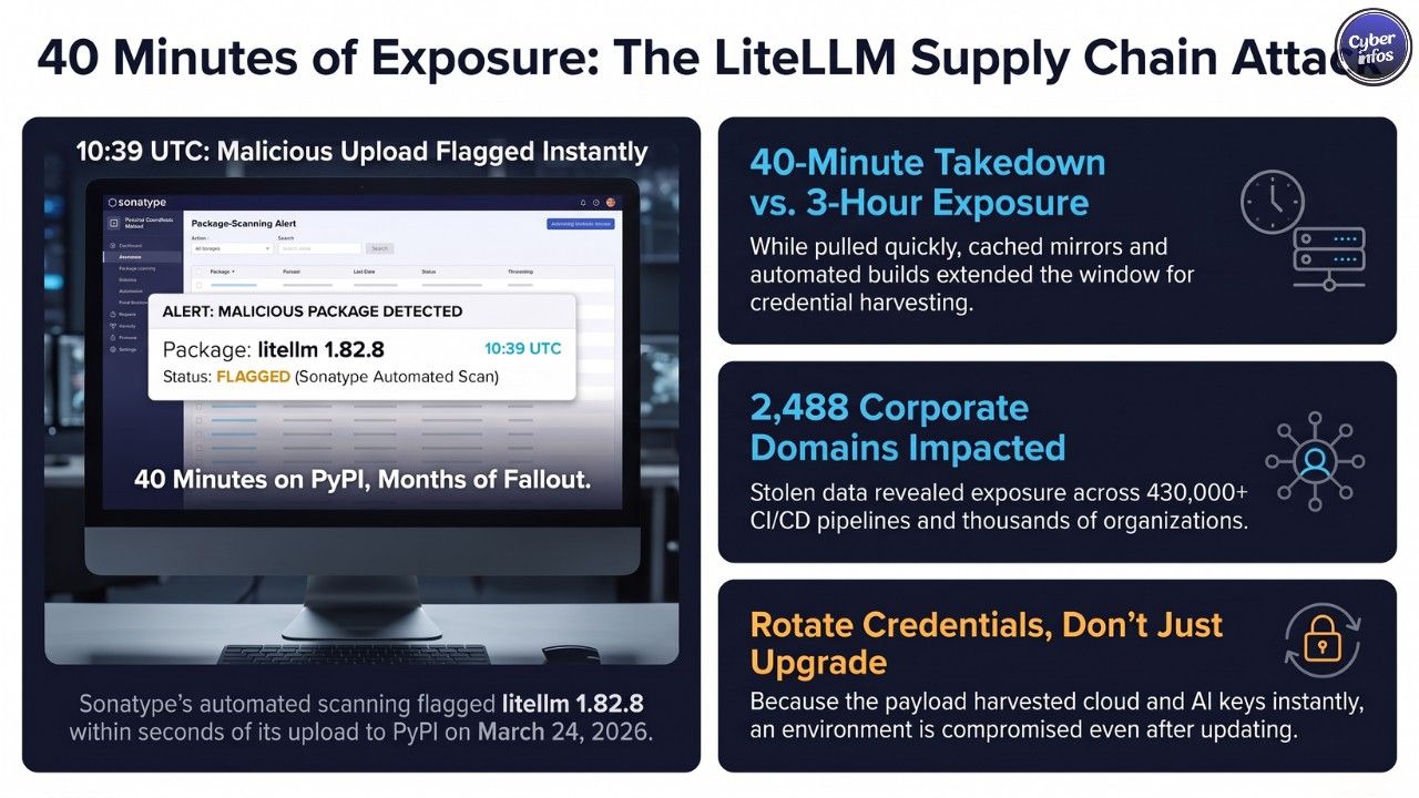 Automated scanner flagging the malicious LiteLLM 1.82.8 package on PyPI within seconds of upload