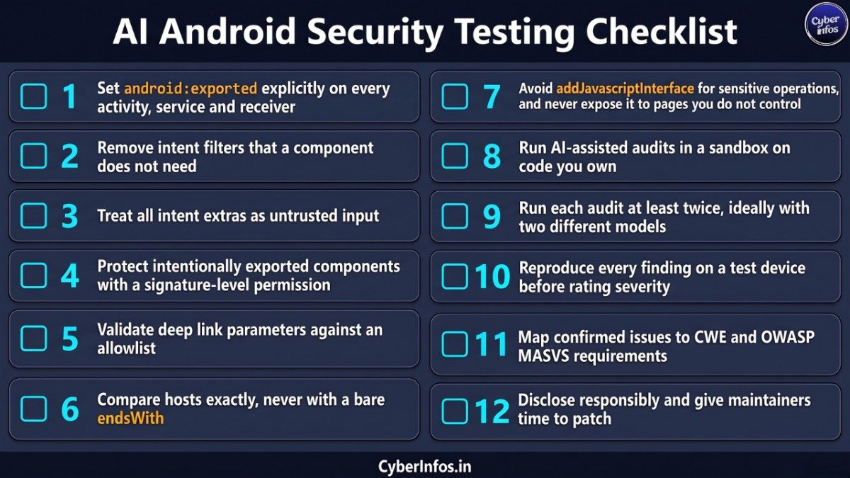 AI Android security testing checklist: twelve steps from setting android:exported to responsible disclosure
