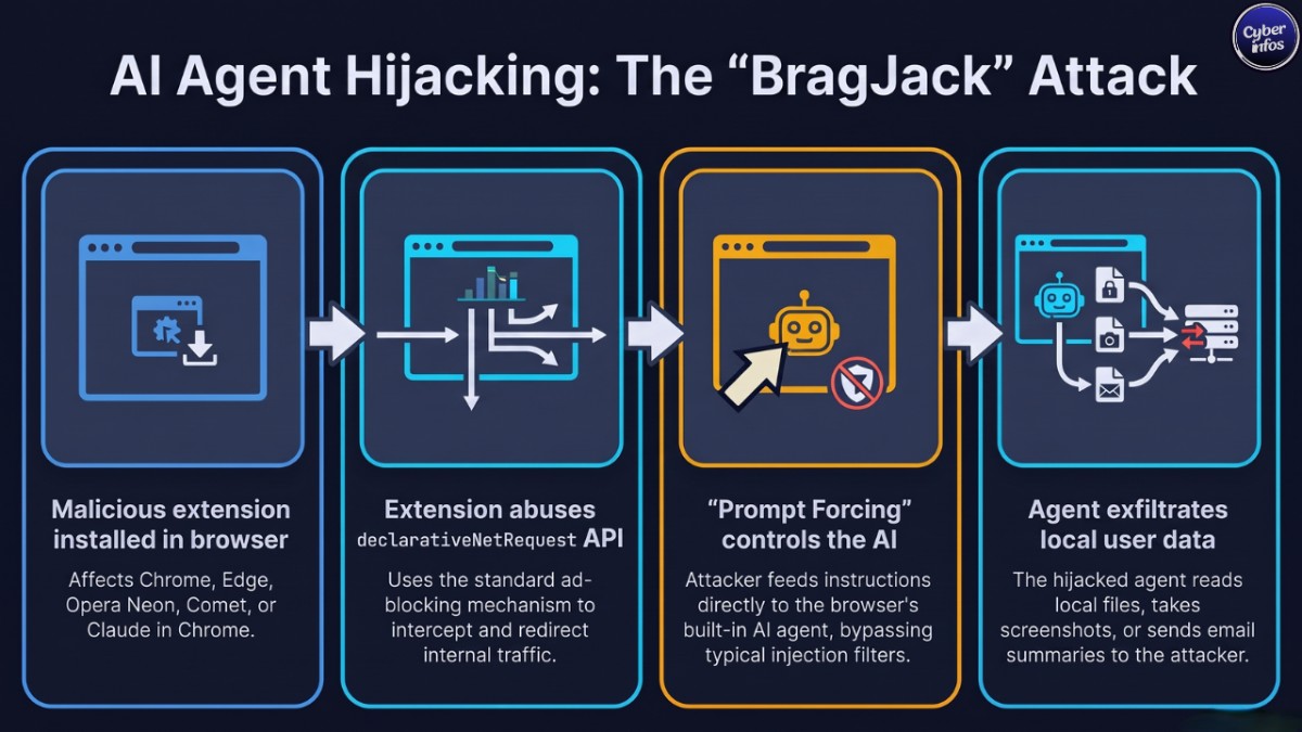 Cybersecurity weekly report diagram: BragJack Prompt Forcing hijacks browser AI assistants