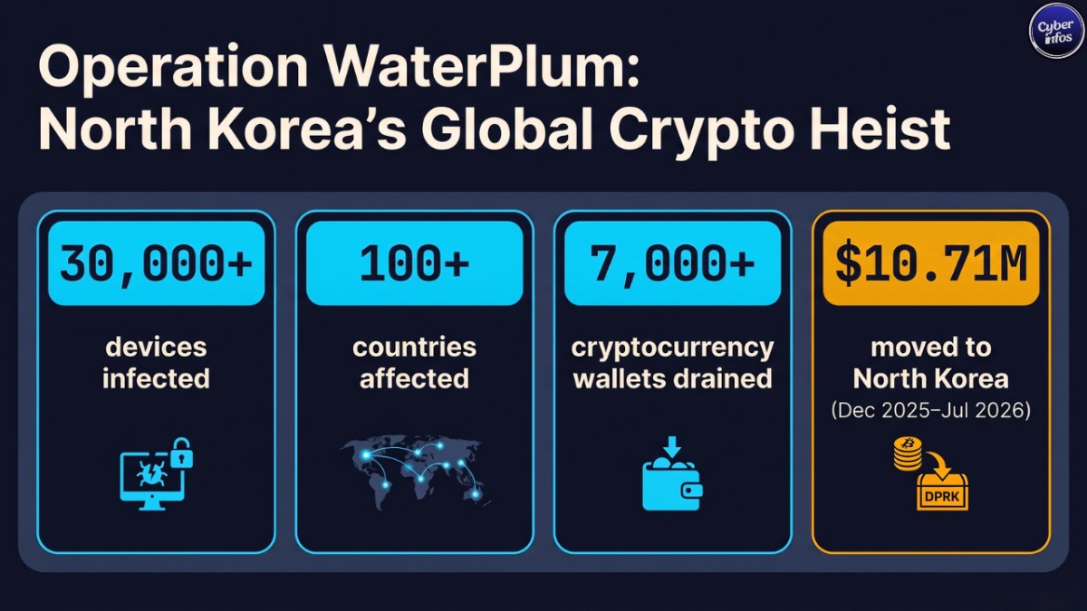 Cybersecurity weekly report infographic: WaterPlum North Korea campaign infected 30,000 devices worldwide