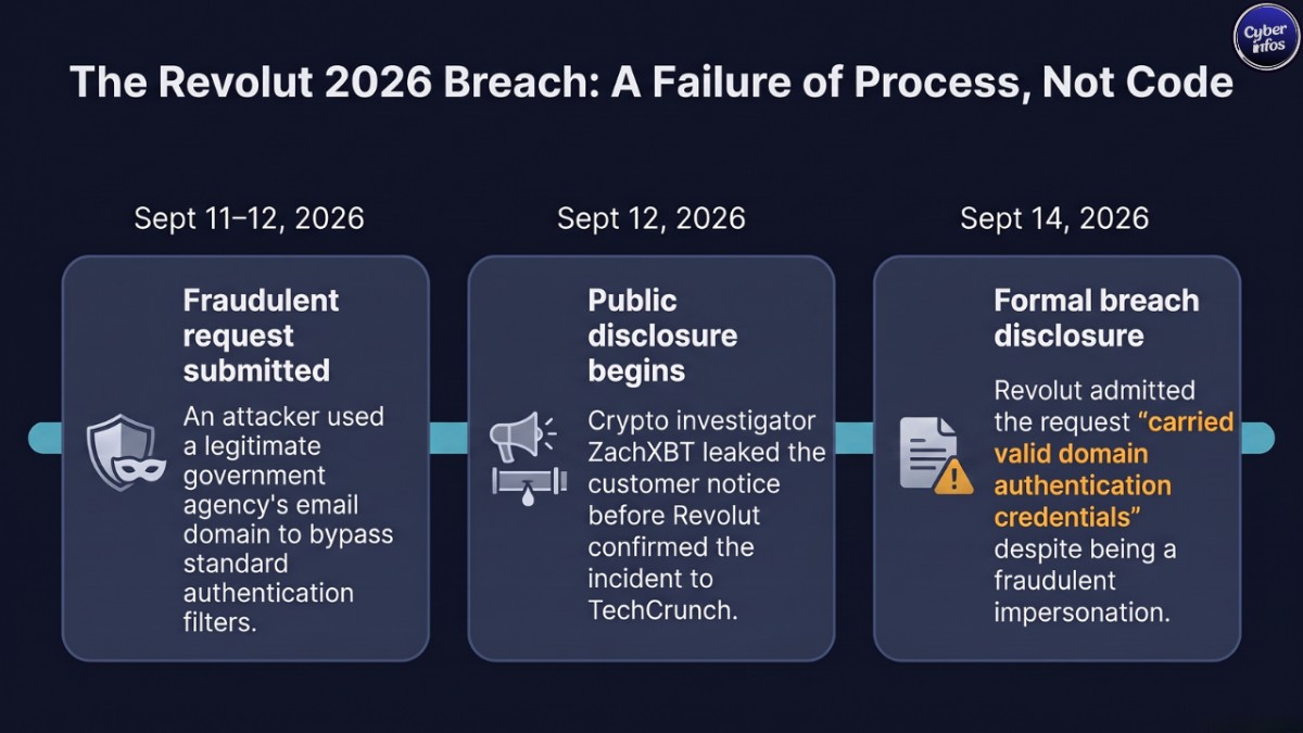 Timeline of the Revolut data breach 2026 from the Sept 11 fraudulent request to the Sept 14 disclosure