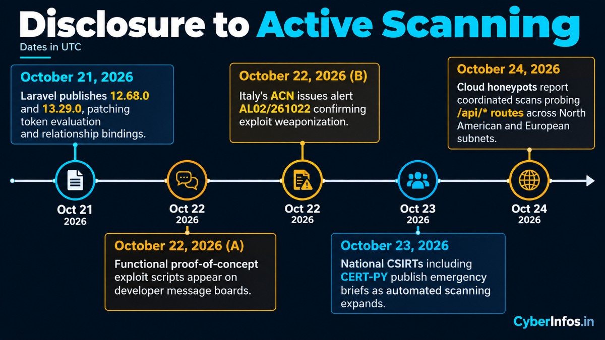 Timeline from October 21 to 24, 2026: Laravel patch, public PoC, ACN alert, CERT-PY briefs, honeypot scanning reports.