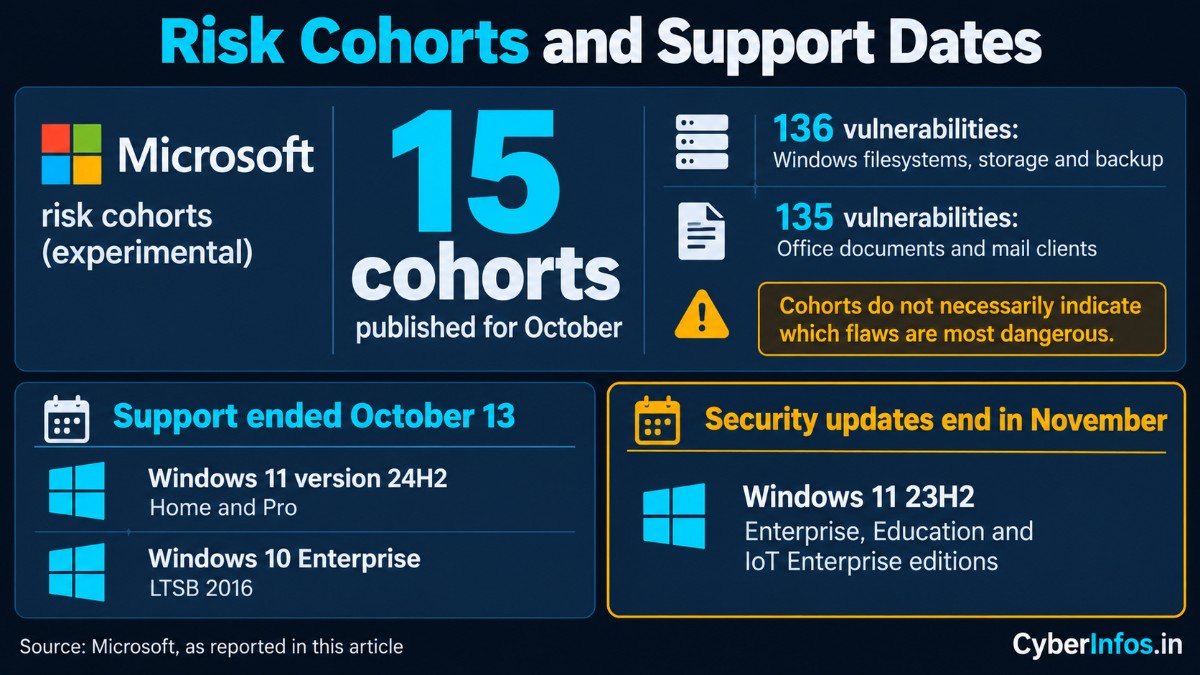 Panels showing Microsoft's 15 October risk cohorts and Windows editions that lost or will lose security updates.