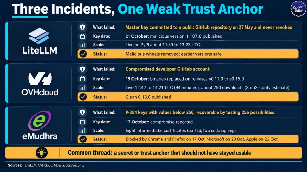 Comparison of LiteLLM, OVHcloud CLI and eMudhra incidents showing the failed secret, key date, scale and current status.