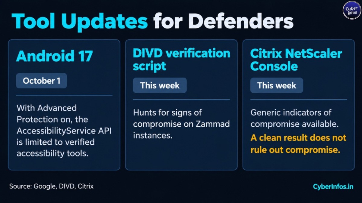 Three tool updates: Android 17 Advanced Protection, DIVD Zammad verification script, Citrix NetScaler Console indicators.