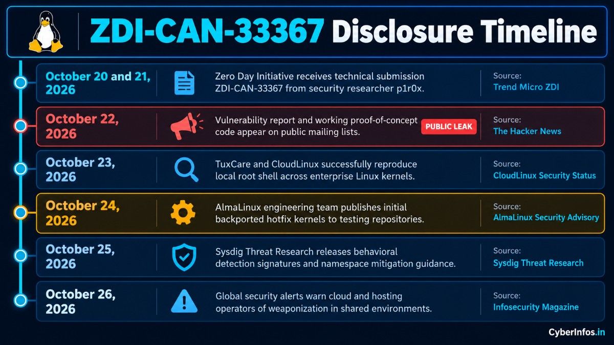 Timeline of ZDI-CAN-33367 from October 20 and 21 submission to October 26 cloud operator warnings.